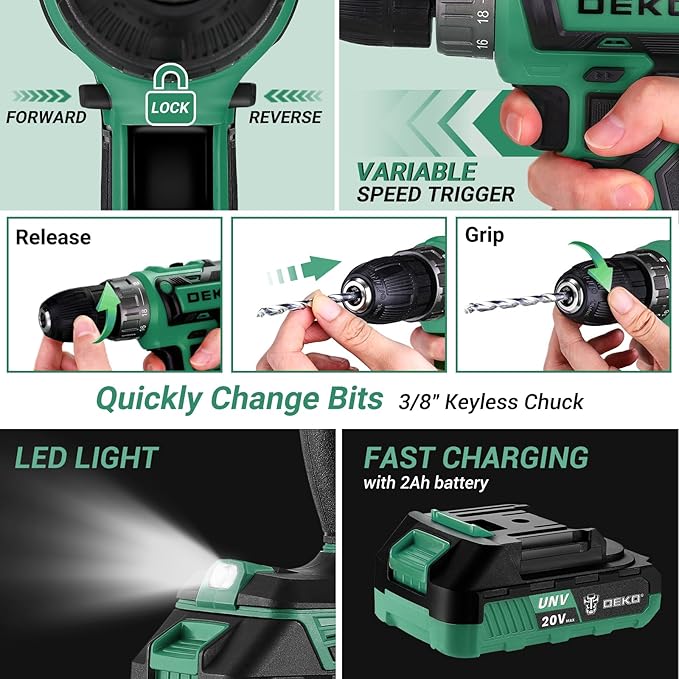 Drill Tool Kit Set: 20V Cordless Power Drill Tool Box with Battery Electric Drill Driver for Women and Men Home Hand Repair Basic Toolbox Tools Sets Drills Case (Green)