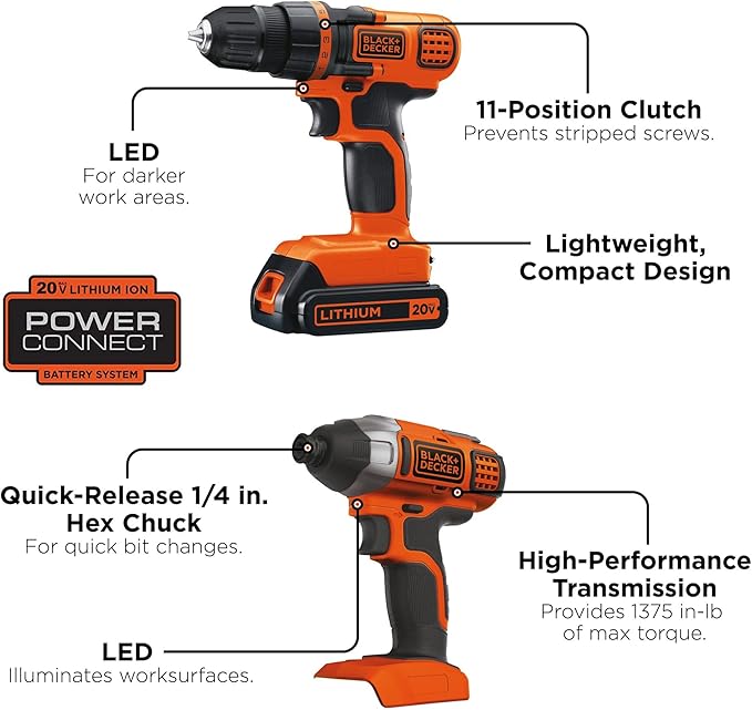 BLACK+DECKER 20V MAX Cordless Drill and Impact Driver, Power Tool Combo Kit with Battery and Charger (BD2KITCDDI)