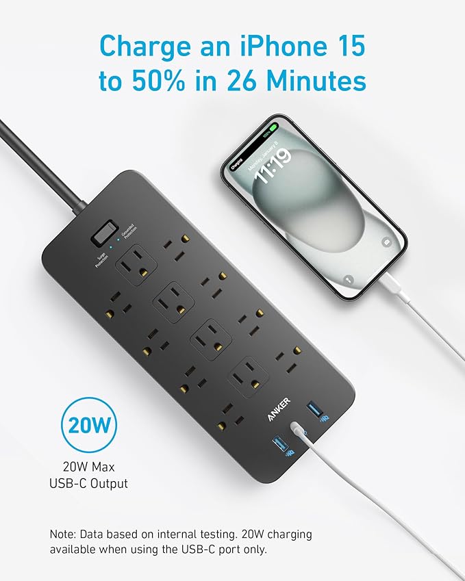 Anker (Pack of 2) Surge Protector Power Strip (2100J), 12 Outlets with 1 USB C and 2 USB Ports for iPhone 15/15 Plus/15 Pro/15 Pro Max, 5feet Extension Cord, Flat Plug, 20W for Home,Office,TUV Listed