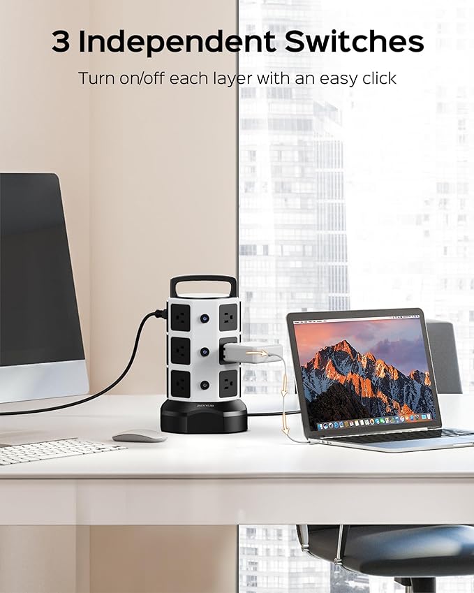 Power Strip Tower Surge Protector, JACKYLED 12 Outlets 6 USB (2 USB C) Charging Station, Extension Cord with Multiple Outlets, 1050J 1625W/13A Outlet Extender 6.5ft Extension Cord for Home Office