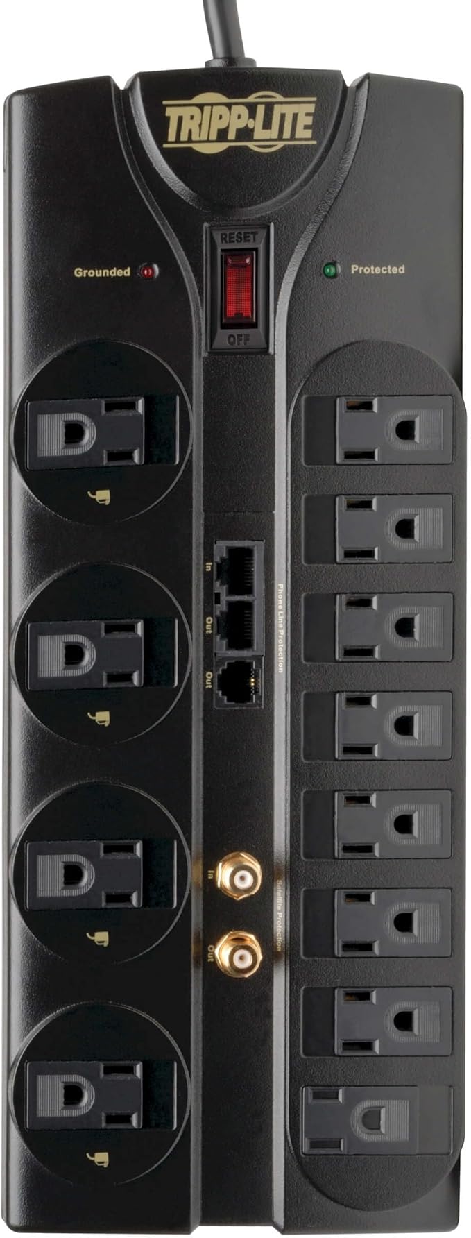 Tripp Lite 12 Outlet Surge Protector Power Strip, 8ft Cord, Right-Angle Plug, Tel/Modem/Coax/Ethernet Protection, RJ11, RJ45, & $250,000 INSURANCE (TLP1208SAT) Black