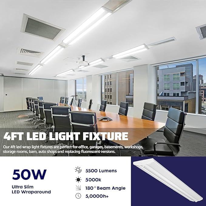 ANTLUX 4FT LED Wraparound Light Fixture 50W Ultra Slim LED Shop Lights for Garage, No Glare, 5500 Lumens, 5000K, 4 Foot Flush Mount Office Ceiling Wrap Light for Workshop Kitchen, 4 Pack