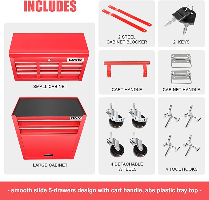 DNA MOTORING TOOLS-00265 2 Pcs Combination Tool Rolling Cabinet 2-in-1 Detachable Toolbox Organizer Chest High Capacity Storage with Locking System, Red