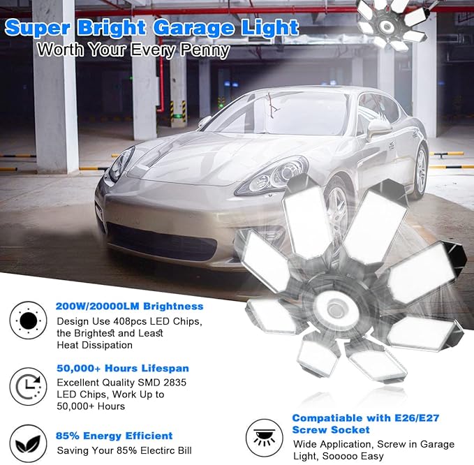 Garage Light - 40000LM Super Bright 6500K Garage Lights Ceiling Led w/ 8 Deformable Panels Compatible for E26/E27 Garage Light Socket Applicable for Garage Barn Warehouse Attic - 2Pack