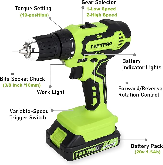 FASTPRO 177-Piece 20V Cordless Lithium-ion Drill Driver and Home Tool Set, Household Repairing Kit with in Storage Case, Green