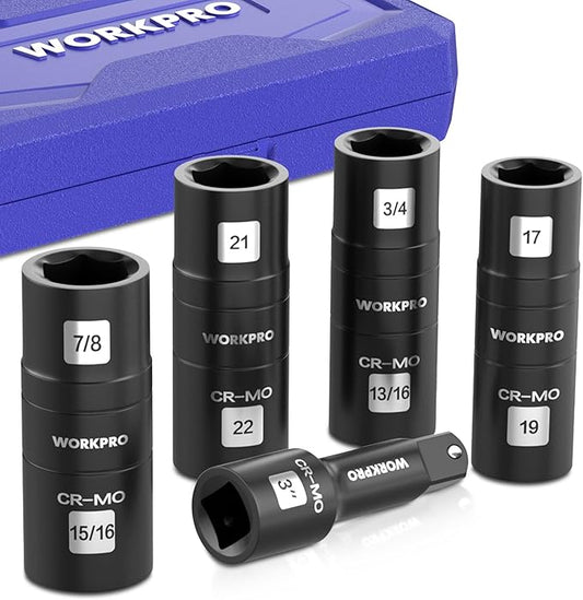 WORKPRO 5PCS Impact Socket Set 1/2" Drive, Lug Nut Socket Set, Wheel Socket Set Cr-Mo Steel, Includes 1PC 3" Extension Bar & 4PSC Flip Sockets of 6 Metric and SAE Sizes
