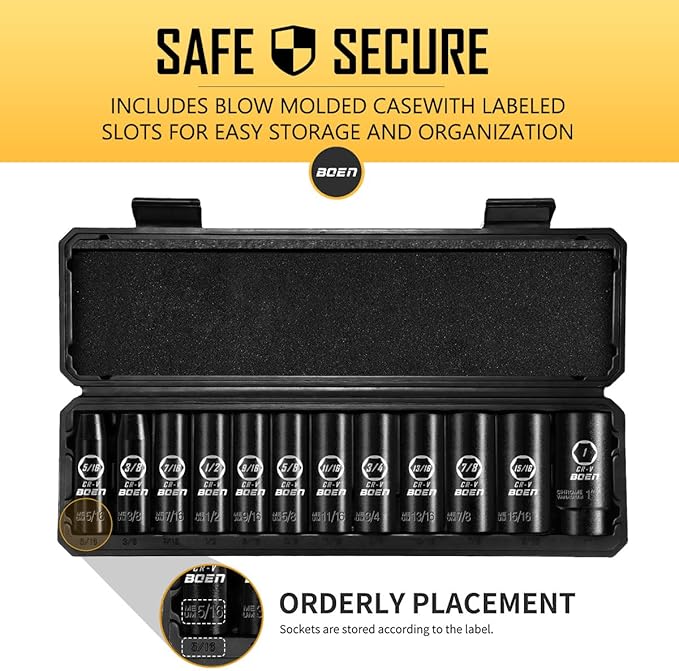 BOEN 1/2" Drive SAE Deep Impact Socket Set, 12 Piece Cr-V Steel Socket Set SAE Size 5/16" to 1", Black Phosphate Coating, 6 Point Design, Meets ANSI Standards