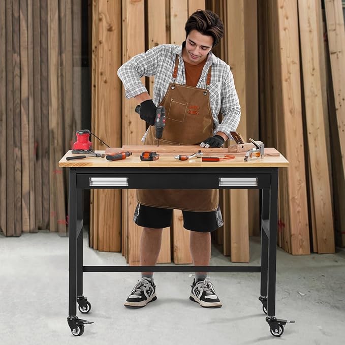 VEVOR 48" Workbench, 1500 lbs Load Capacity, Work Bench with Sliding Drawer Storage and Wheels, Rolling Workbench on Wheels, Heavy Duty Oak Wood Top Work Table for Garage, Workshop, Office, and Home