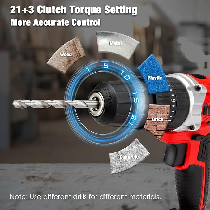 Cordless Drill Set, 20V Power Drill Kit with 2 X 2.0AH Battery, 44pcs Drill/Driver Bits, 1 Box Screws, Bubble Level, 3/8'' Chuck Electric Drill, 32NM, 21+3 Position, 2 Variable Speed