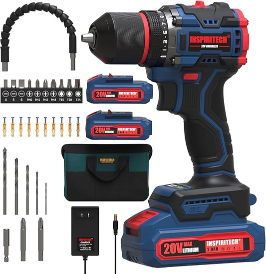 20V Cordless Drill Set, Brushless Power Drill Set with 2 Batteries and Charger,3/8-Inch Metal Chuck Electric Drill Driver,22 Torque Setting,Drill/Driver Bits and Tool Bag Included