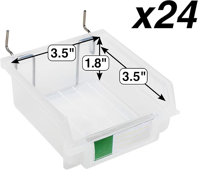 Pegboard Bins – 24 Pack Clear - Hooks to Any Peg Board - Organize Hardware, Accessories, Attachments, Workbench, Garage Storage, Craft Room, Tool Shed, Hobby Supplies, Small Parts