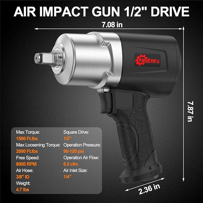 Air Impact Wrench - 1/2 Inch Air Impact Gun 1/2 Drive, 1500Ft-lbs, 8000RPM High Torque Impact Wrench, Weight 4.74 lb, Half Inch Impact wrench Tire Impact wrench for Auto Repair, Tire Shop