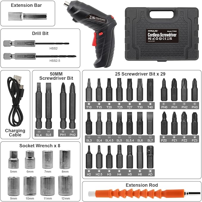 Cordless Electric Screwdriver, 3.6V Rechargeable Power Screwdriver with 47 pcs Accessories, usb charging, 3Nm Screw Gun, mini Carrying screwdriver set with LED Light for Electric Power Drill Set