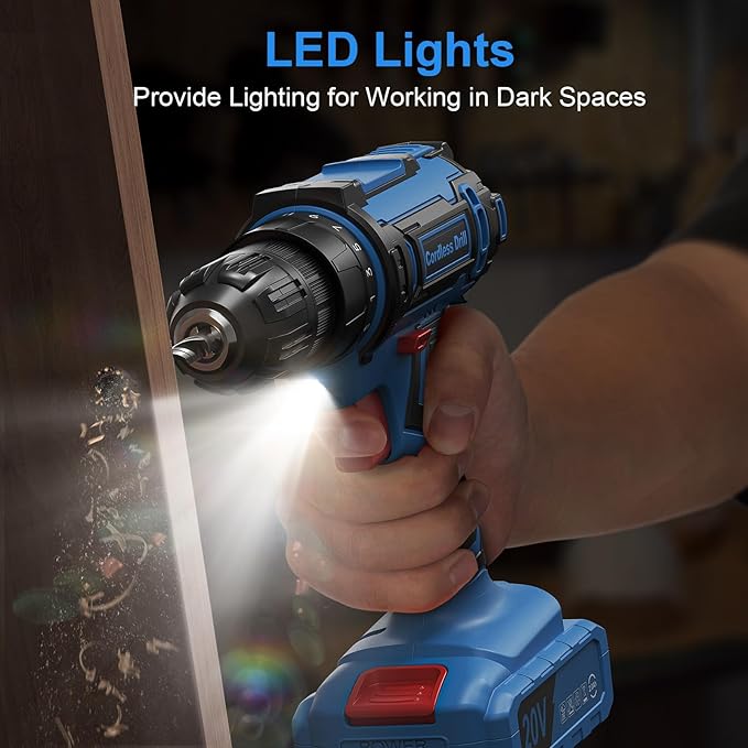 Cordless Drill Set, 20V Power Drill with Battery 2.0Ah and Charger, 3/8-Inch Keyless Chuck Electric Drill, 25+1 Torque, 42pcs Drill Driver Bits/Screws for DIY Projects (Blue)