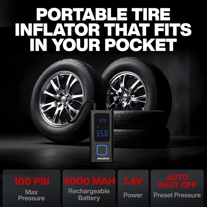 POCKET AIR Car Tire Inflator Portable Air Compressor by Bullseye Pro, Rechargeable 4000MAH Portable Tire Inflator for Car, Inflatables, Ball, Lightweight Air Pump Portable with LED Pressure Gauge