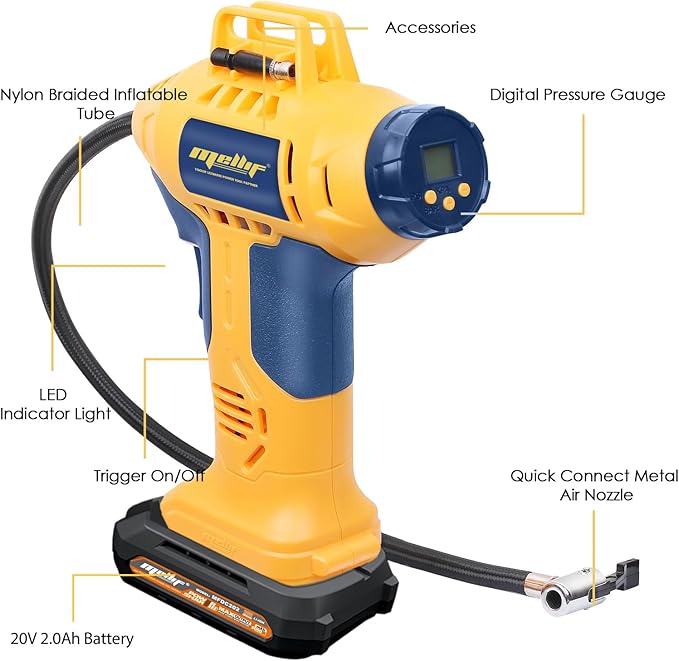 Mellif Tire Inflator Air Compressor Compatible with DeWalt 20V Max Battery, 160 PSI Cordless Portable Air Pump with Mellif 2.0Ah Battery & Charger, Digital Pressure Gauge for Car, Bike, Sport Ball