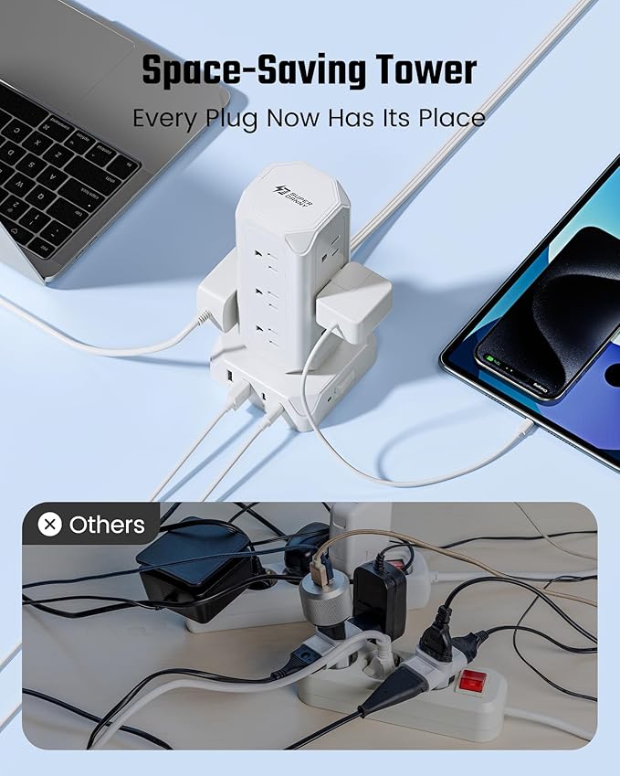 Power Strip Tower, SUPERDANNY 12 Outlets with 35W USB(2 USB-A & 2 USB-C) Charging Station, 1625W/13A, 1700J Surge Protector, 15ft Flat Plug Extension Cord with Multiple Outlets for Home, Office, Dorm