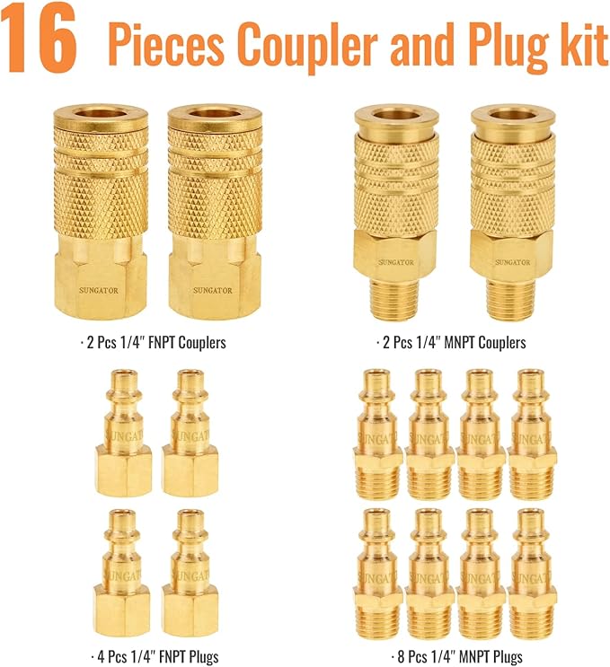 SUNGATOR Air Hose Fittings 1/4" NPT, 16-Piece Solid Brass Quick Connect Air Line Fittings, 1/4 Inch Compressor Accessories, Coupler and Plug Kit, 1/4'' Quick Connect Hose Repair Kit