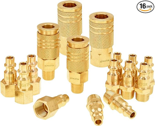 SUNGATOR Air Hose Fittings 1/4" NPT, 16-Piece Solid Brass Quick Connect Air Line Fittings, 1/4 Inch Compressor Accessories, Coupler and Plug Kit, 1/4'' Quick Connect Hose Repair Kit