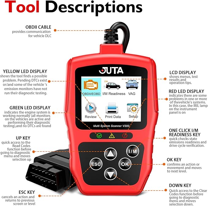 JUTA V300 OBD2 Diagnostic Tool Fit for Audi Volkswagen VW Skoda Seat Full Systems OBD-II Scanner Code Reader with Oil Reset Battery Registration EPB SAS SRS TBA
