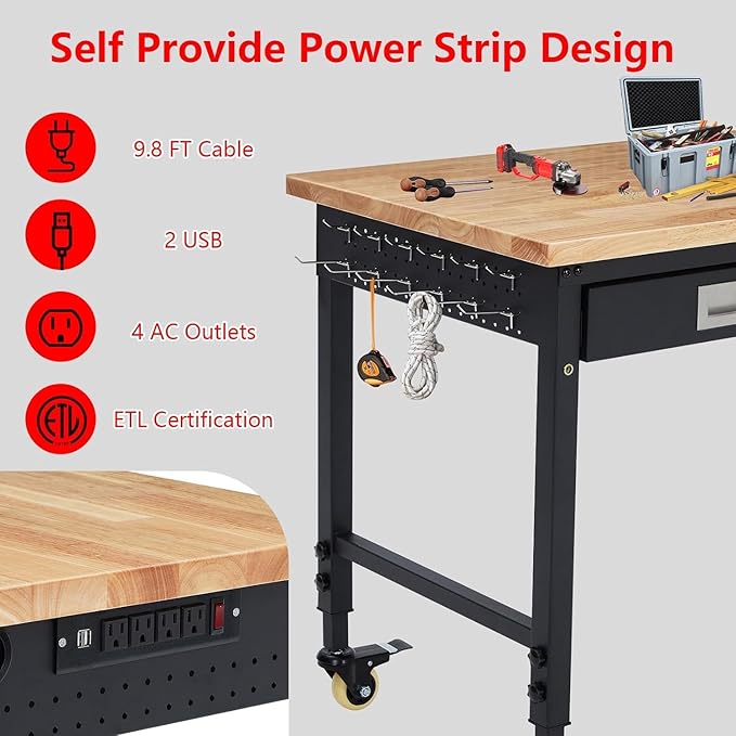 Workbench 48" x 24" Adjustable Height Worktable - Heavy Duty Rubber Wood Top with Drawer Storage, 2000 Lbs Capacity, Mobile Tool Storage Workstation with Power Outlets & Lockable Wheels