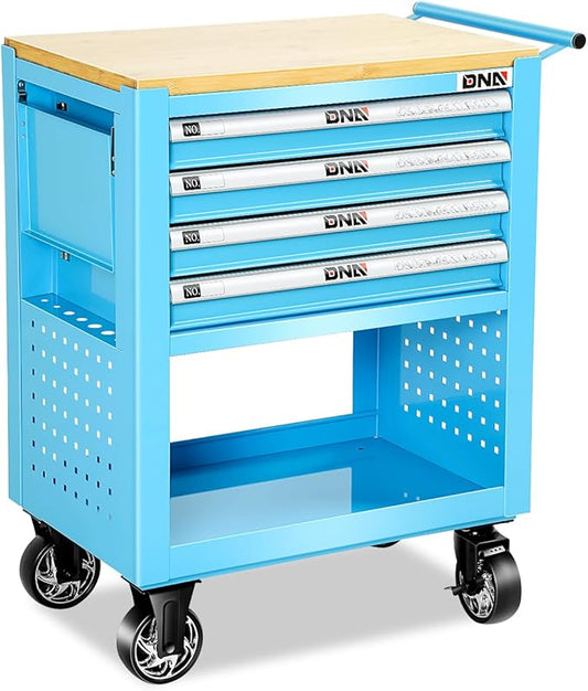 DNA MOTORING 30" W X 37" H X 18" D Large Capacity 4-Drawer Chest Rolling Tool Cart Locking Swivel Cabinet with Keys, Blue, TOOLS-00484