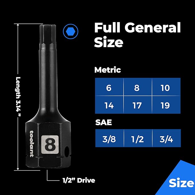 toolant 1/2" drive 1/2" impact hex bit socket set 2PCS, Hex Drive, S2 Steel Air Drive Allen Socket set,Impact Grade