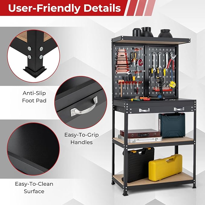 IRONMAX Workbench with Drawers, 32’’ Heavy Duty Workstation Organizer with 14 PCS Hanging Kits, 2 Storage Shelves & Long Drawer, Work Bench Table for Garage, Home, Workshop, Auto Shop, Basement