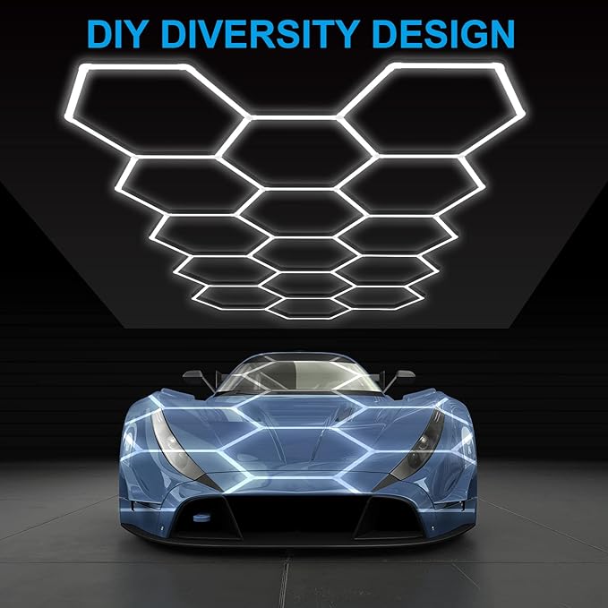 12-Pack LED Hexagon Garage Light: 12700LM Car Detailing Shop Light, DIY Splicing Ceiling & Wall Decor Lights, for Workshop Basement Gym Warehouse Bar Gaming Room (12-Packs)