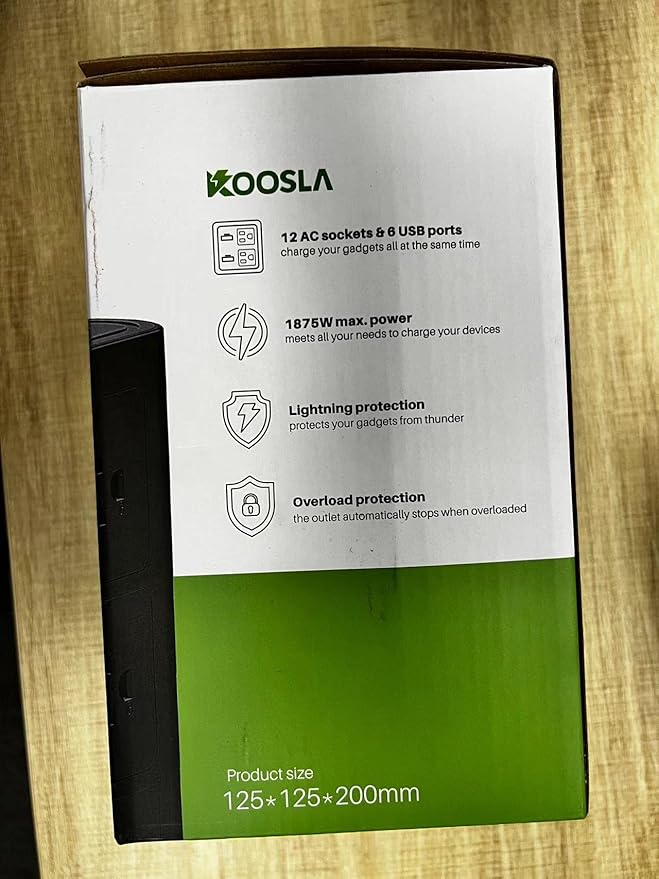 Power Strip Tower by KOOSLA, [15A 1500J] Surge Protector - 12 AC Multiple Outlets & 6 USB Ports, Flat Plug 14 AWG Heavy-Duty Extension Cord 6.5ft, Home Office Supplies, Dorm Room Essentials Black