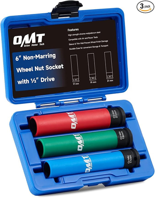 Orion Motor Tech Lug Nut Socket Set, 17mm 19mm 21mm Metric Wheel Socket Set, 3pc 1/2" Drive Extra Long Impact Socket Set, 6" Thin Wall Socket Set Non Marring Lug Nut Socket Set with Colored Protector