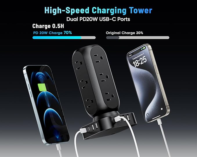 Flat Plug Power Strip Tower, TenTrend Dual PD 20W USB-C Surge Protector with 12 AC Outlets & 8 USB Ports (4 USB C), 40W Total Fast Charging Station, 10FT Extension Cord for Desk Office Dorm Room