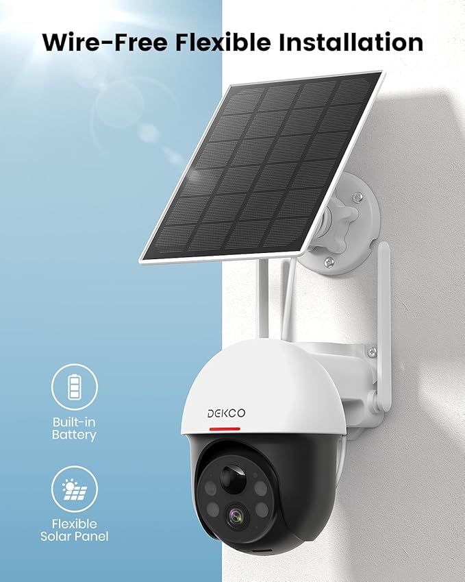 DEKCO Security Cameras Wireless Outdoor, Solar Powered, Panoramic PTZ, Auto Motion Tracking, True 2K, Color Night Vision, Spotlights, 2-Way Talk, 2 Pack
