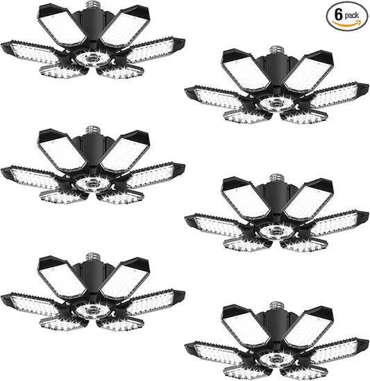 Adiding LED Garage Ceiling Light - 6 Pack Adjustable 60000lm Bright LED Basement Light 6 Deformable Panels 6500K Shop Lights Screw in E26 E27 Bulb Socket for Workshop Storage Room Warehouse Attic