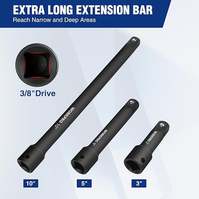 WORKPRO 3/8" Drive Impact Extension Bar Set, 3 PCS Socket Extensions, 3”, 5” and 10” Length, Premium Chrome Vanadium Steel with Black Phosphate Finish, Storage Tray Included