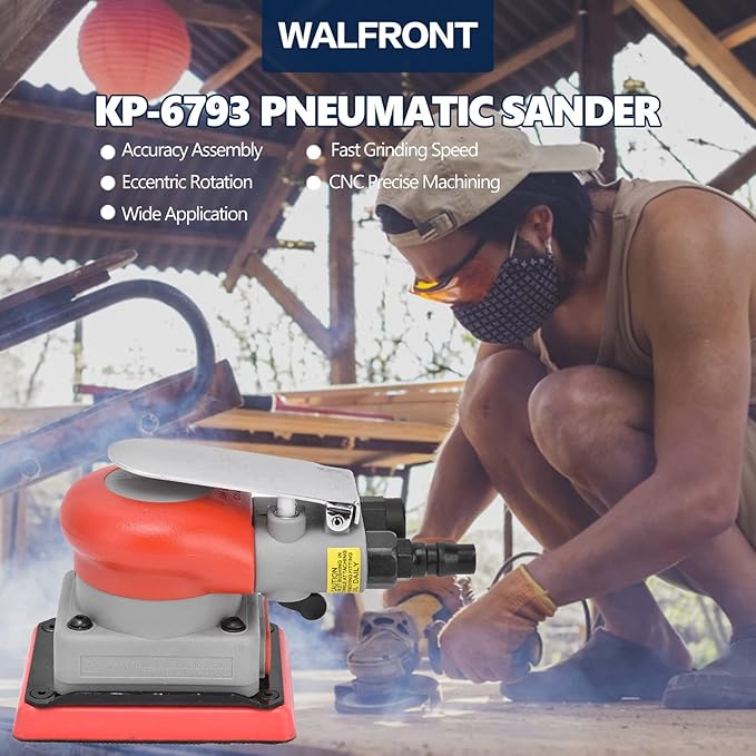 WALFRONT Pneumatic Sander 10000 RPM Air Orbit Finishing Sander for Wood Sanding Car Waxing Metal Sanding 75 x 100mm / 3.00 x 4.00in