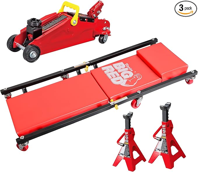 BIG RED T82040 Torin Hydraulic Trolley Floor Service/Floor Combo with 2 Jack Stands and Rolling Garage/Shop Creeper, 2 Ton (4,000 lb) Capacity, Red