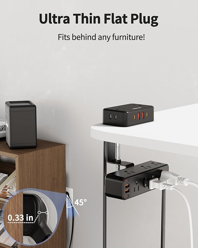 Dual Layer Desk Clamp Power Strip with 13 AC Outlets 8 USB (4 USB C), Fit 2.75" Tabletop, Desktop Edge Mount Surge Protector (1700J), 10 Ft Extension Cord for Office Home, Black