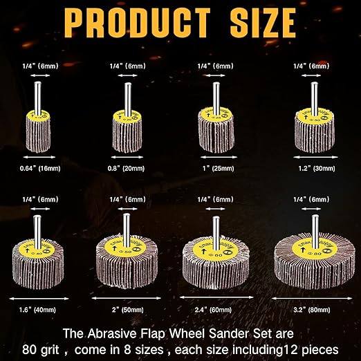 Gisafai 96 Pcs 1/4" Shank 80 Grit Abrasive Flap Wheel Sander Set, 8 Sizes Aluminum Oxide Flap Wheel Die Grinder Flap Wheel Cylindrical Shape Sanding Wheel for Grinding Polishing