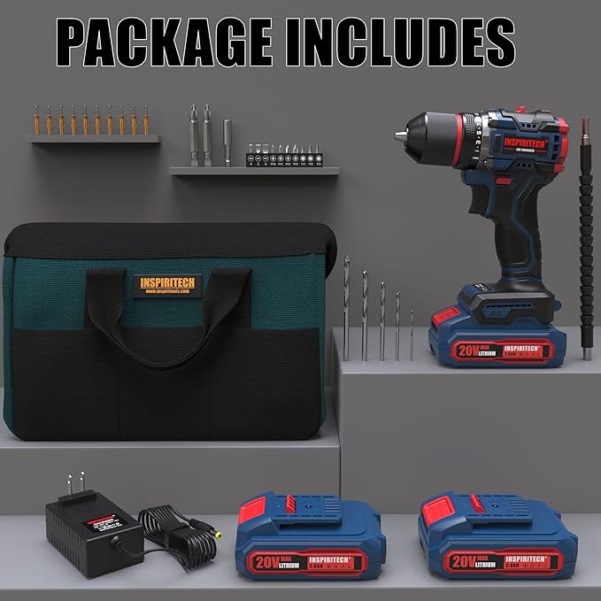 20V Cordless Drill Set, Brushless Power Drill Set with 2 Batteries and Charger,3/8-Inch Metal Chuck Electric Drill Driver,22 Torque Setting,Drill/Driver Bits and Tool Bag Included
