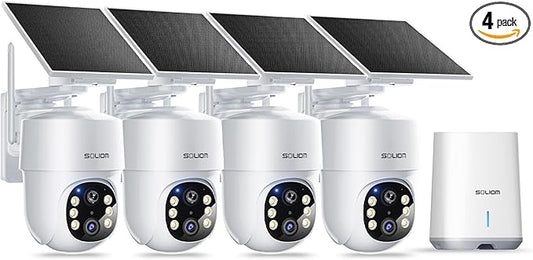 SOLIOM- True 5MP HD Security Cameras Wireless Outdoor, Solar Powered Home Security Camera with 360° Auto Tracking, Pan & Tilt, Spot Light Night Vision,4-Cam Pack, 5G & 2.4G Router, No Subscription