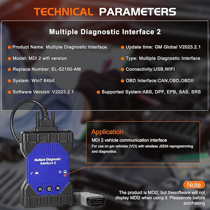 EL-52100-AM MDI2 Multiple Diagnostic Interface Scanner,EL-52100-AM Multiple Diagnostic Interface 2 Kit WiFi Version with OBD2 USB Version 2.0 for DLC Cable Plug，NOT Compatible Windows 10.