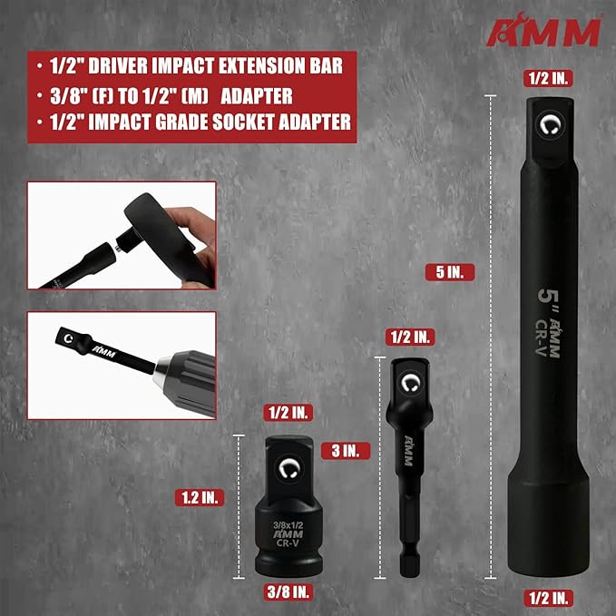 AMM 1/2" Drive Master Impact Socket Set, 24-Piece Shallow Standard SAE (7/16-Inch to 1-Inch) & Metric (13-24 mm) Sizes, Socket Assortment with Ratchet Handle | Cr-V Steel