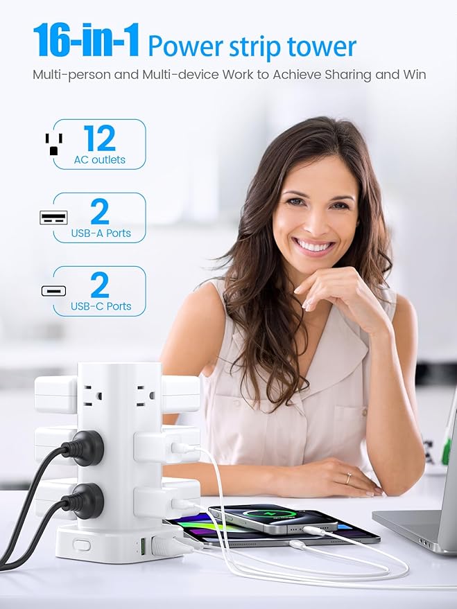 Flat Plug Power Strip Tower Surge Protector, 6FT Flat Extension Cord with Multiple Outlets, 12 AC Outlets, 4 USB Ports (2 USB C) Charging Station for Office Home Dorm Room Travel (White)