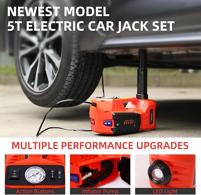 ROGTZ Electric Hydraulic Car Jack Kit with Impact Wrench and Tire Inflator Pump, 5 Ton 12V Car Jack Hydraulic Car for SUV Sedans Tire Change with LED Light(Red)