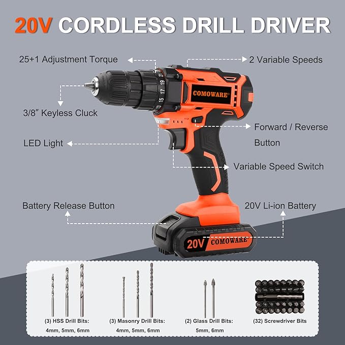 COMOWARE Home Tool Kit with Drill, 171PCS Household Tool Kit with 20V Cordless Power Drill, Home Repairing Tool Power Drill Sets with Orange Storage bag for DIY Home Maintenance