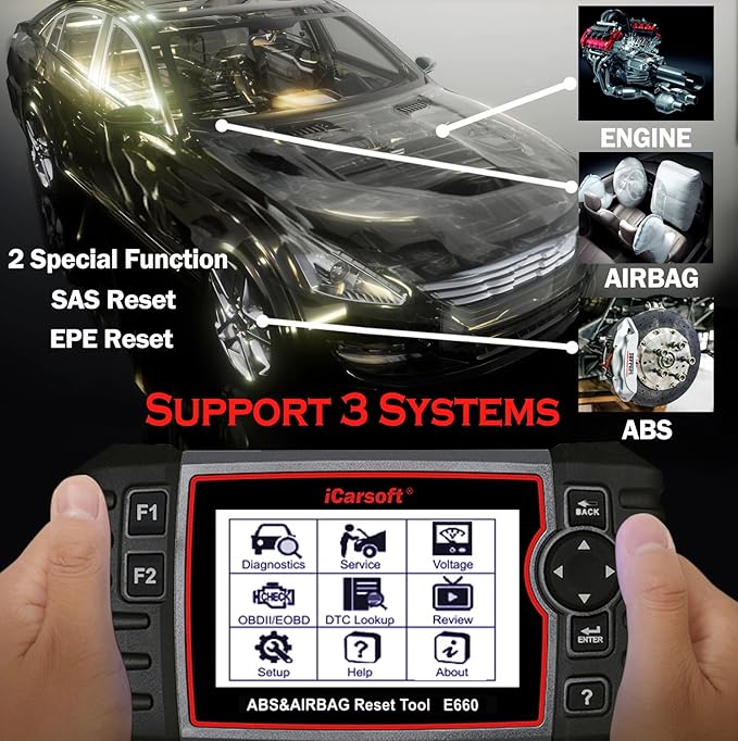 iCarsoft E660 ABS Diagnostic Tool, OBD2 Scanner for ABS/SRS/SAS/EPB/Engine, Car Code Reader with SAS/EPB Reset/Battery Test, Auto Diagnostic Car Scanner Read Clear Fault Codes,Free Upgrade
