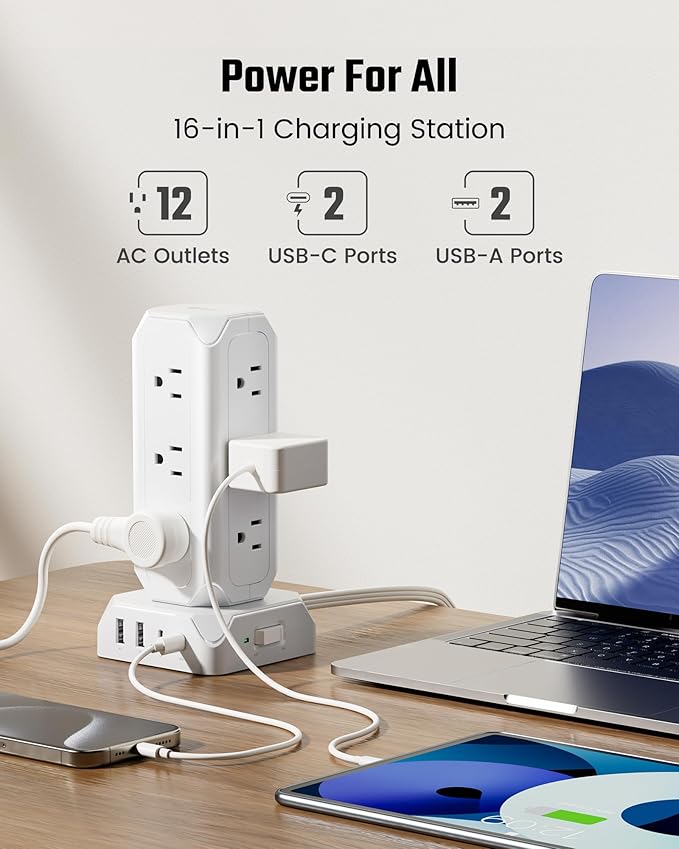 Power Strip Tower, SUPERDANNY 12 Outlets with 35W USB(2 USB-A & 2 USB-C) Charging Station, 1625W/13A, 1700J Surge Protector, 15ft Flat Plug Extension Cord with Multiple Outlets for Home, Office, Dorm