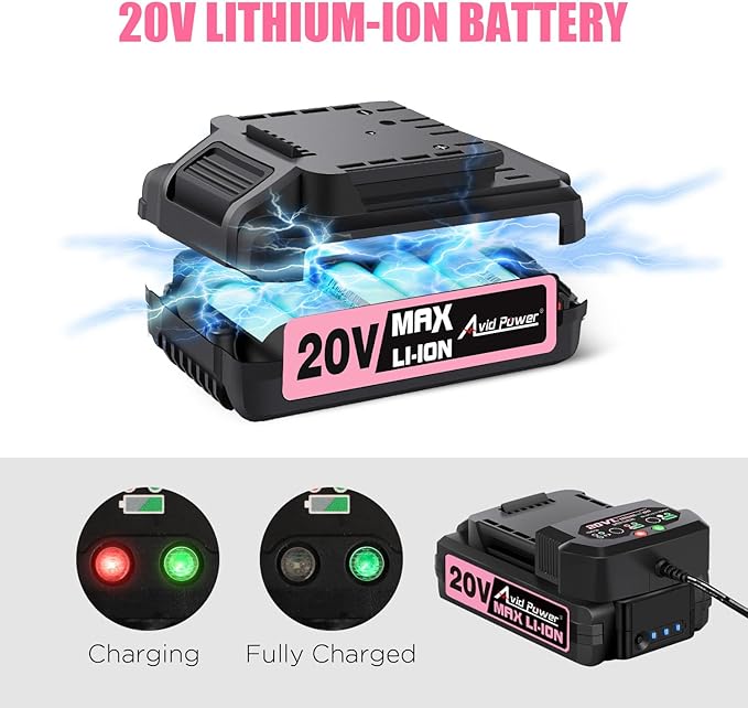 AVID POWER 20V MAX Lithium lon Cordless Drill Set, Power Drill Kit with Battery and Charger, 3/8-Inch Keyless Chuck, Variable Speed, 16 Position and 22pcs Drill Bits (Pink)