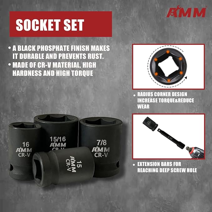 AMM 1/2" Drive Master Impact Socket Set, 24-Piece Shallow Standard SAE (7/16-Inch to 1-Inch) & Metric (13-24 mm) Sizes, Socket Assortment with Ratchet Handle | Cr-V Steel